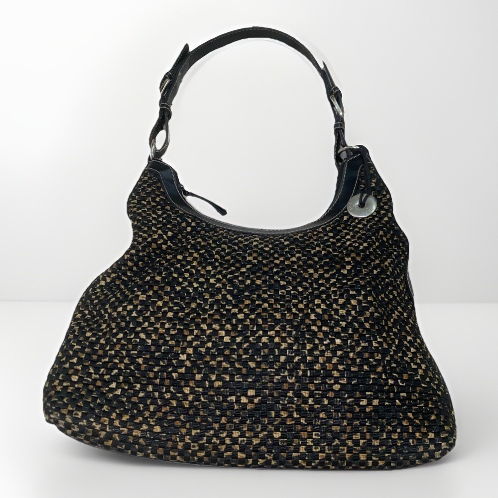 Rare The Sak Brown & Black Woven Shoulder Hobo Bag Leather Trim Boho Handbag